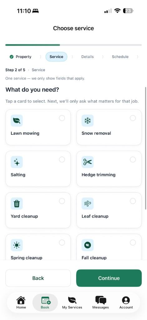Choose your service — lawn, snow, and exterior options in the GraSnoW app