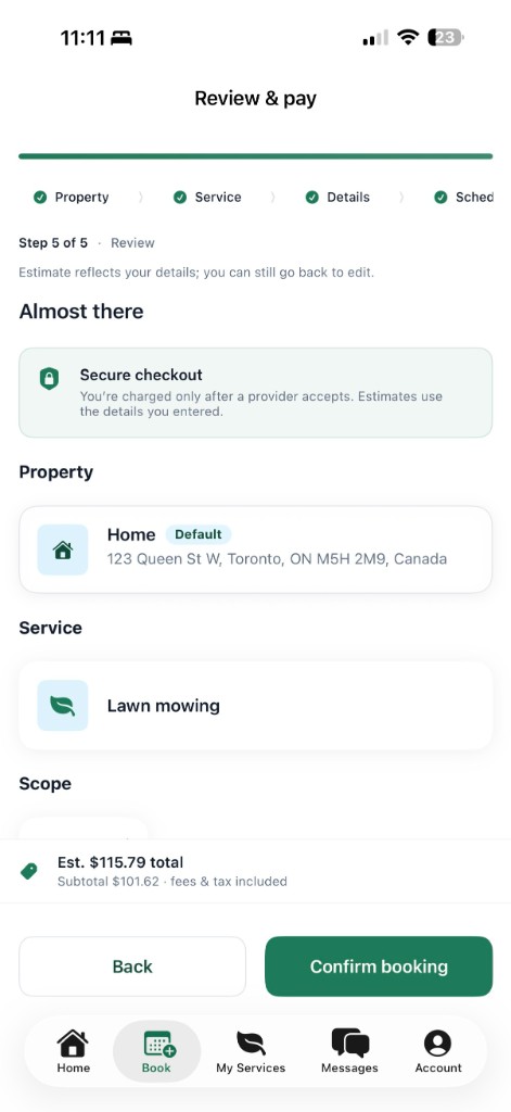 Review and pay — secure checkout with transparent pricing in the GraSnoW app